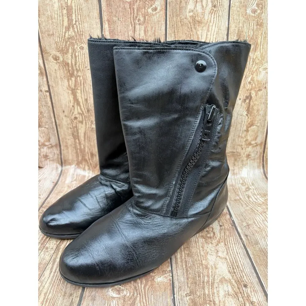 Mason vintage Black Leather Shearling Lined Zip Boots Round Toe SIZE 8.5